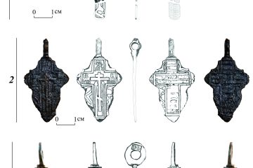 Схематический план скелета с обозначениями находок и вертикальной шкалой высот.