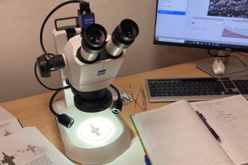 Рабочее место с микроскопом, монитором и страницами каталога нательных крестов.